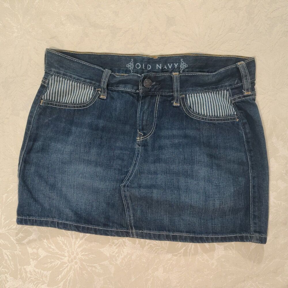 Vintage Old Navy Low Rise Denim Mini Skirt Striped Pockets Y2K Boho Size 4